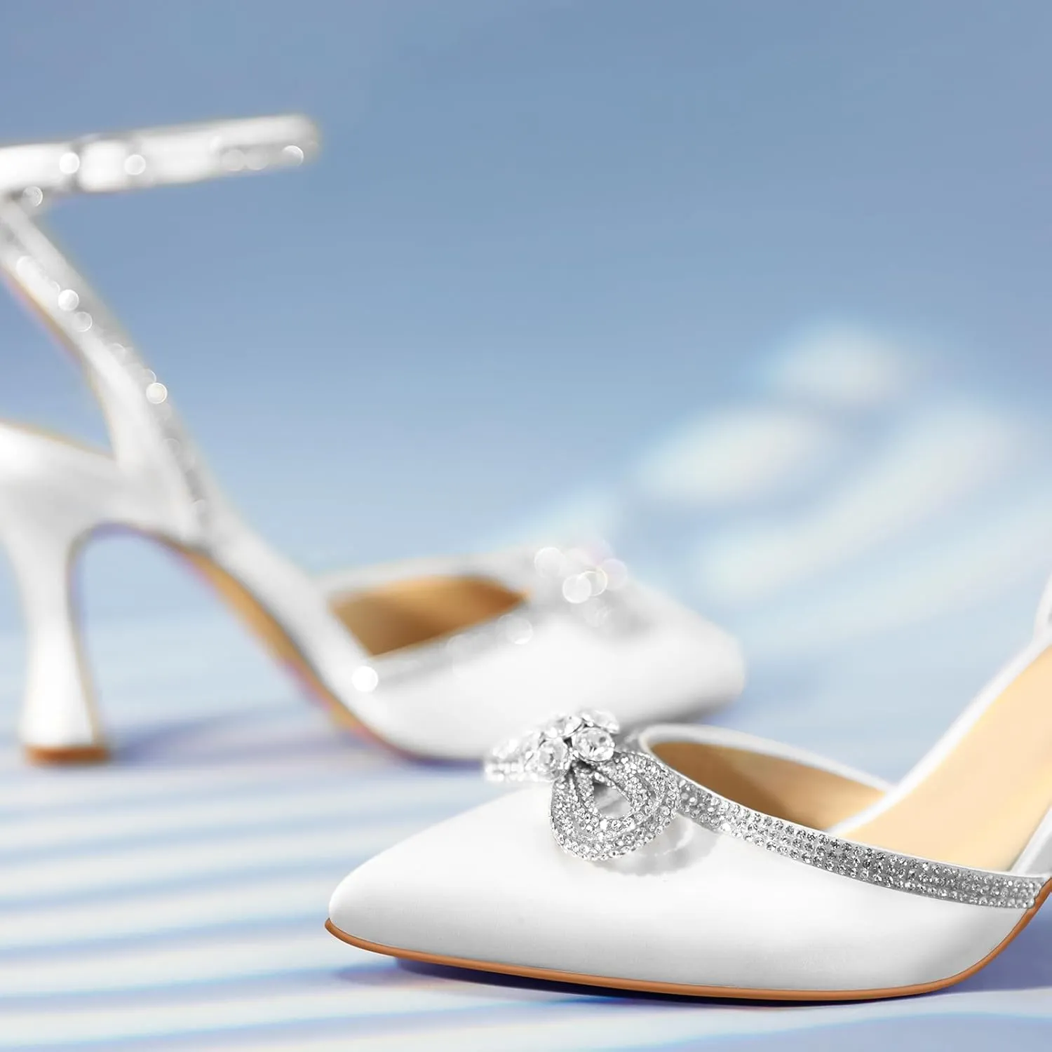 Ankis Women's Rhinestone Bow Heels Closed Toe Pumps Strappy Heels for Women