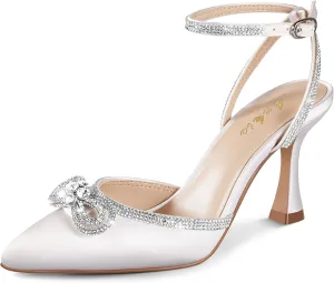 Ankis Women's Rhinestone Bow Heels Closed Toe Pumps Strappy Heels for Women