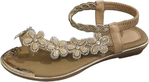 cooki Women's Summer Sandals Comfortable Bohemia Beach Flat Sandals for Women Casual Flower Rhinestone Beaded Boho Shoes