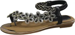 cooki Women's Summer Sandals Comfortable Bohemia Beach Flat Sandals for Women Casual Flower Rhinestone Beaded Boho Shoes