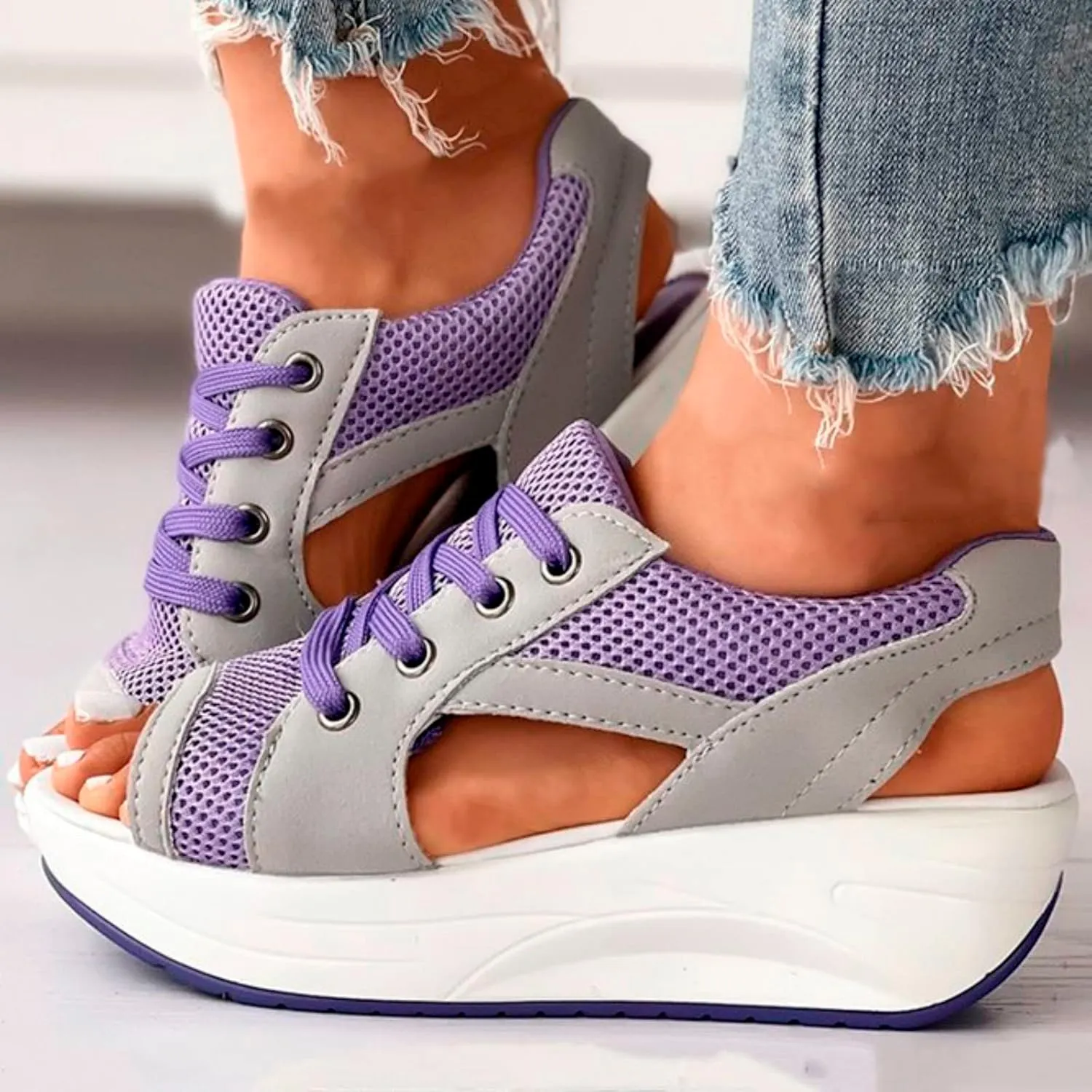 Cutout Lace Up Muffin Sandals for Women Peep Toe Platform Sneakers Breathable Mesh Sport Shoes Summer Walking Sandals