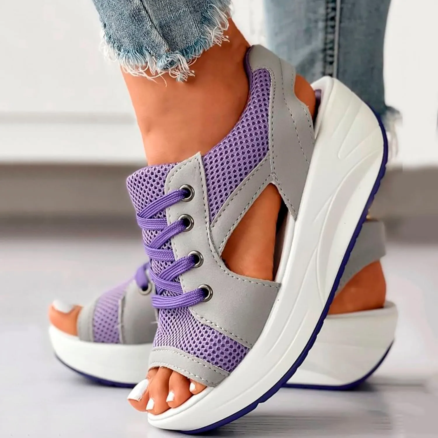 Cutout Lace Up Muffin Sandals for Women Peep Toe Platform Sneakers Breathable Mesh Sport Shoes Summer Walking Sandals