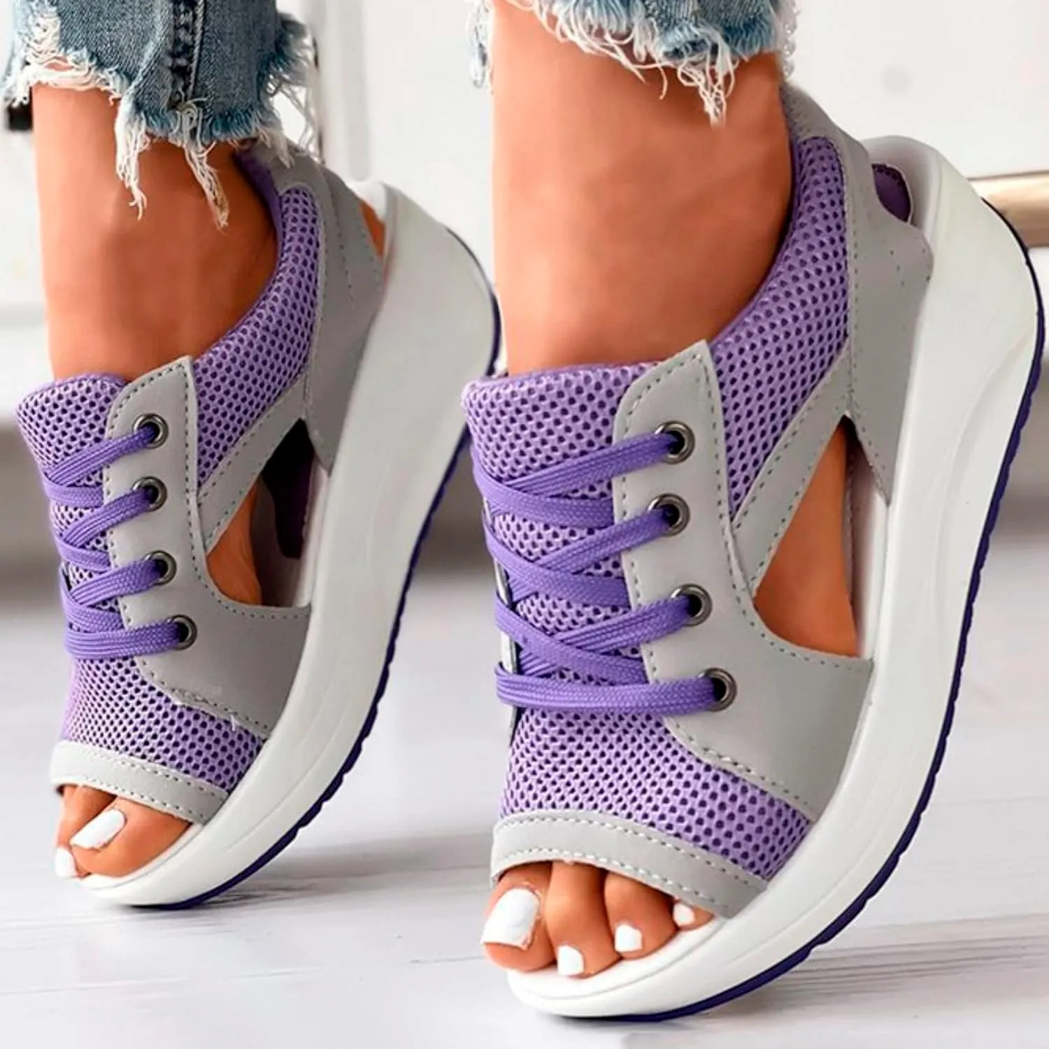 Cutout Lace Up Muffin Sandals for Women Peep Toe Platform Sneakers Breathable Mesh Sport Shoes Summer Walking Sandals