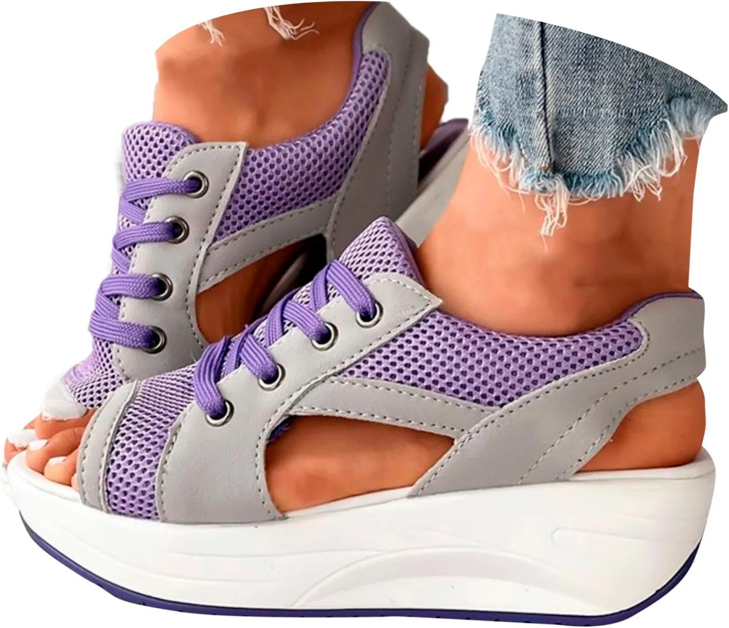 Cutout Lace Up Muffin Sandals for Women Peep Toe Platform Sneakers Breathable Mesh Sport Shoes Summer Walking Sandals