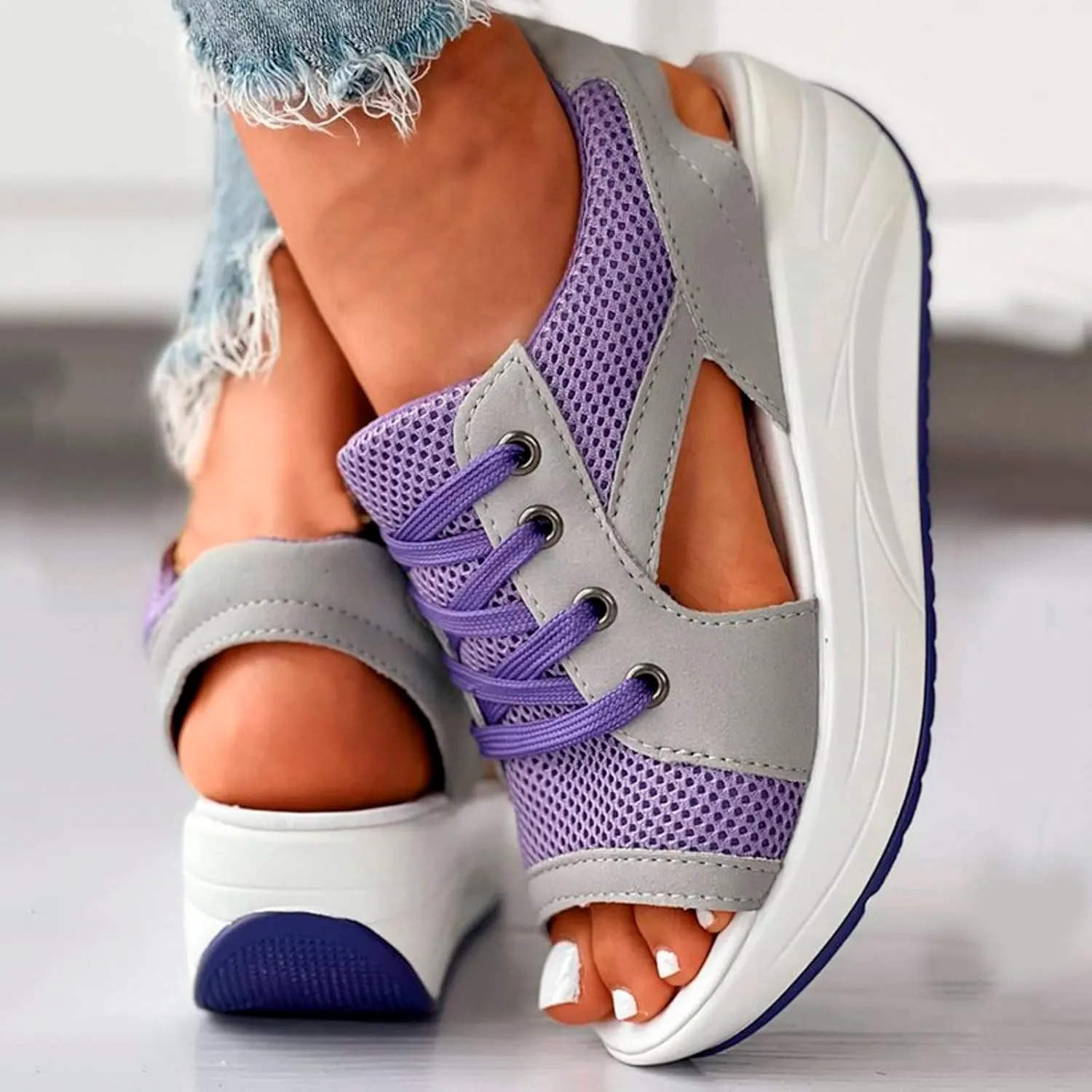 Cutout Lace Up Muffin Sandals for Women Peep Toe Platform Sneakers Breathable Mesh Sport Shoes Summer Walking Sandals