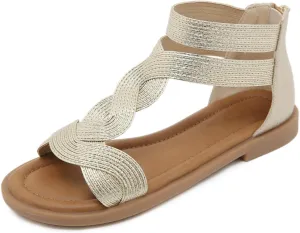 Flat Sandals For Women Dressy Comfortable Braided Strappy Sandals Open Toe Dressy Summer Sandals with Zip Closure