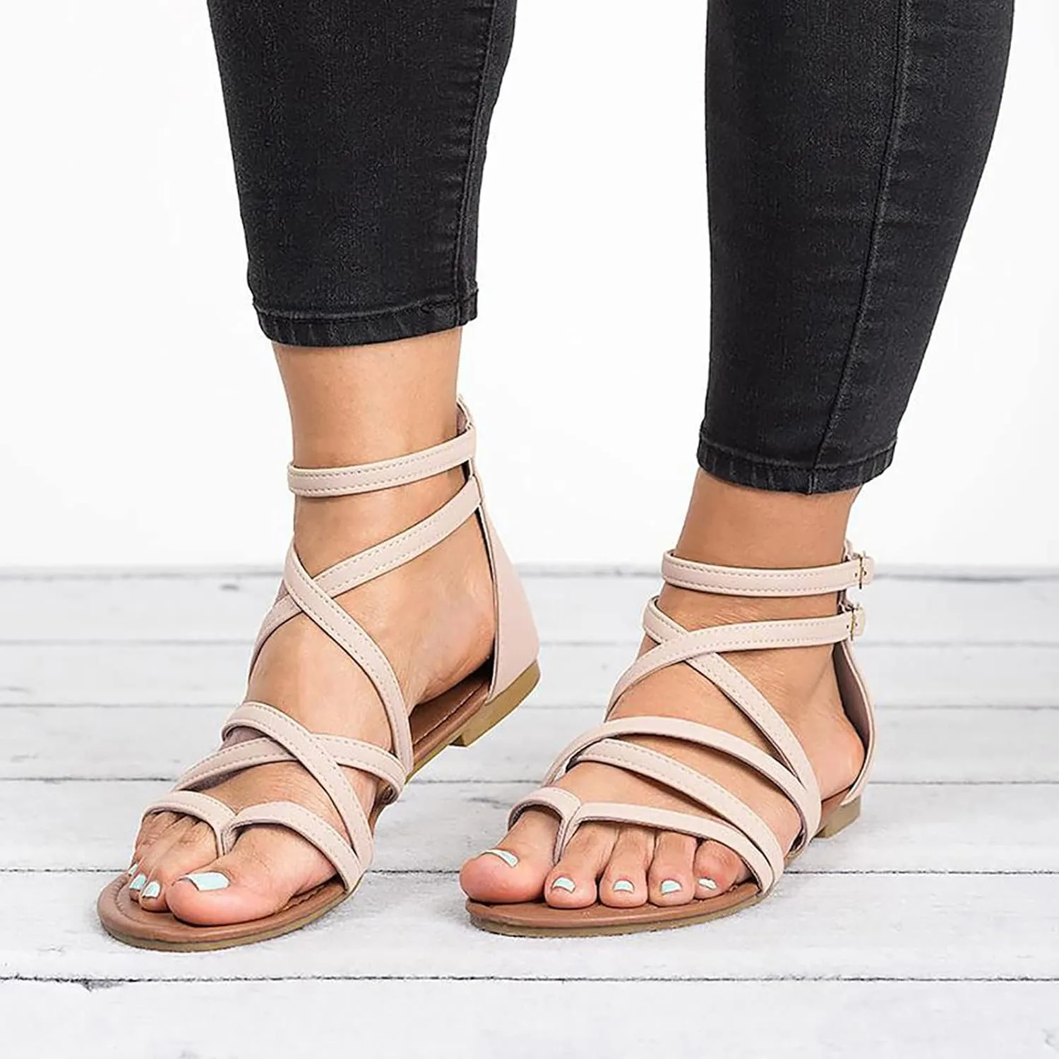 Flat Sandals for Women Dressy Comfortable Gladiator Strappy Summer Thong Cross Straps Zipper Open Toe Flip Flops