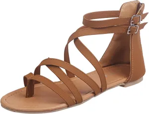 Flat Sandals for Women Dressy Comfortable Gladiator Strappy Summer Thong Cross Straps Zipper Open Toe Flip Flops