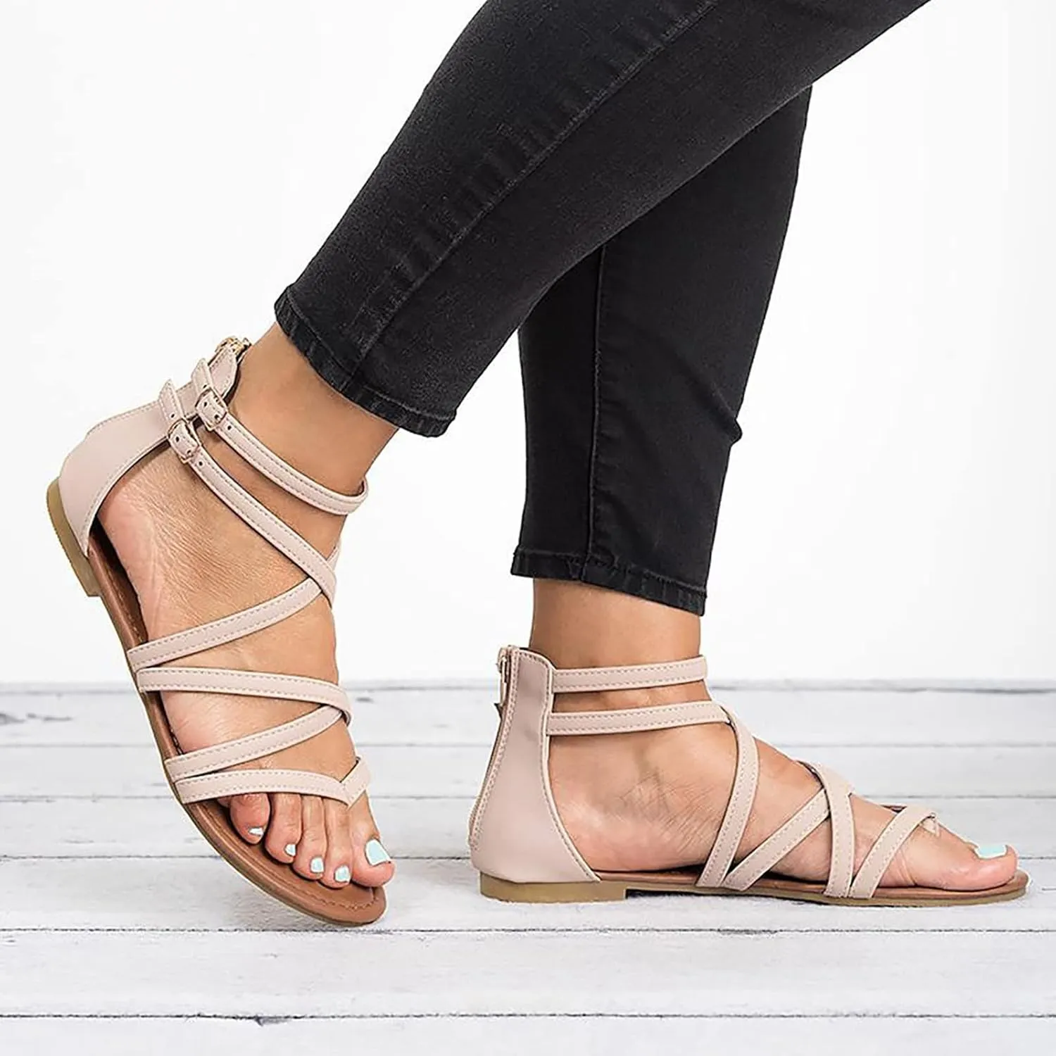 Flat Sandals for Women Dressy Comfortable Gladiator Strappy Summer Thong Cross Straps Zipper Open Toe Flip Flops