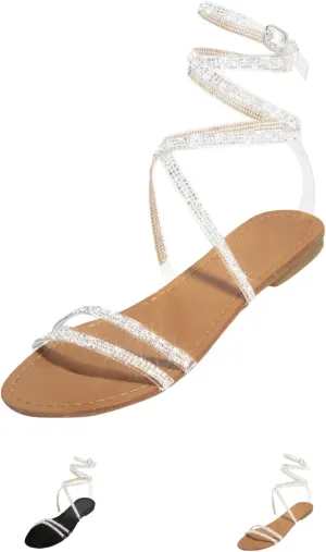 Flat Sandals for Women Dressy Rhinestone Strappy Sandals Fashion Summer Peep Toe Sandals Cute Comfortable Dress Shoes