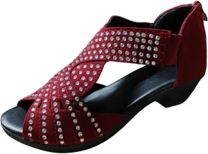 Ladies Fashion Retro Suede Rhinestone Decoration Open Toe Back Zipper Thick High Heel Sandals Flat Slides Women
