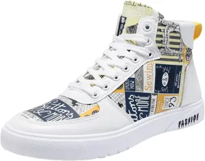 Mens Casual White Sneakers High Top Flat Bottom Lightweight Fashion Sports Shoes Lace up Breathable Non Slip Comfortable Simple Walking Shoes for Men