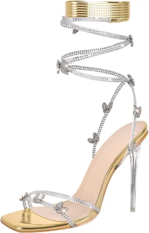 Onlymaker Women's Lace up Glitter High Heel Sandals Stiletto Heel Open Toe Rhinestone Lace up Butterfly Elegant Party Sandals Golden Size 7