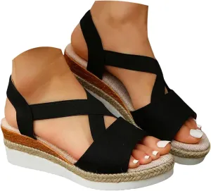 Orthopedic Wedge Sandals for Women Summer Dressy 2025 Womens Casual Strappy Slip on Sandal Flat Open Toe Ankle Strap Espadrilles Platform Wedge Sandals Beach Boho Comfortable Outdoor Shoes