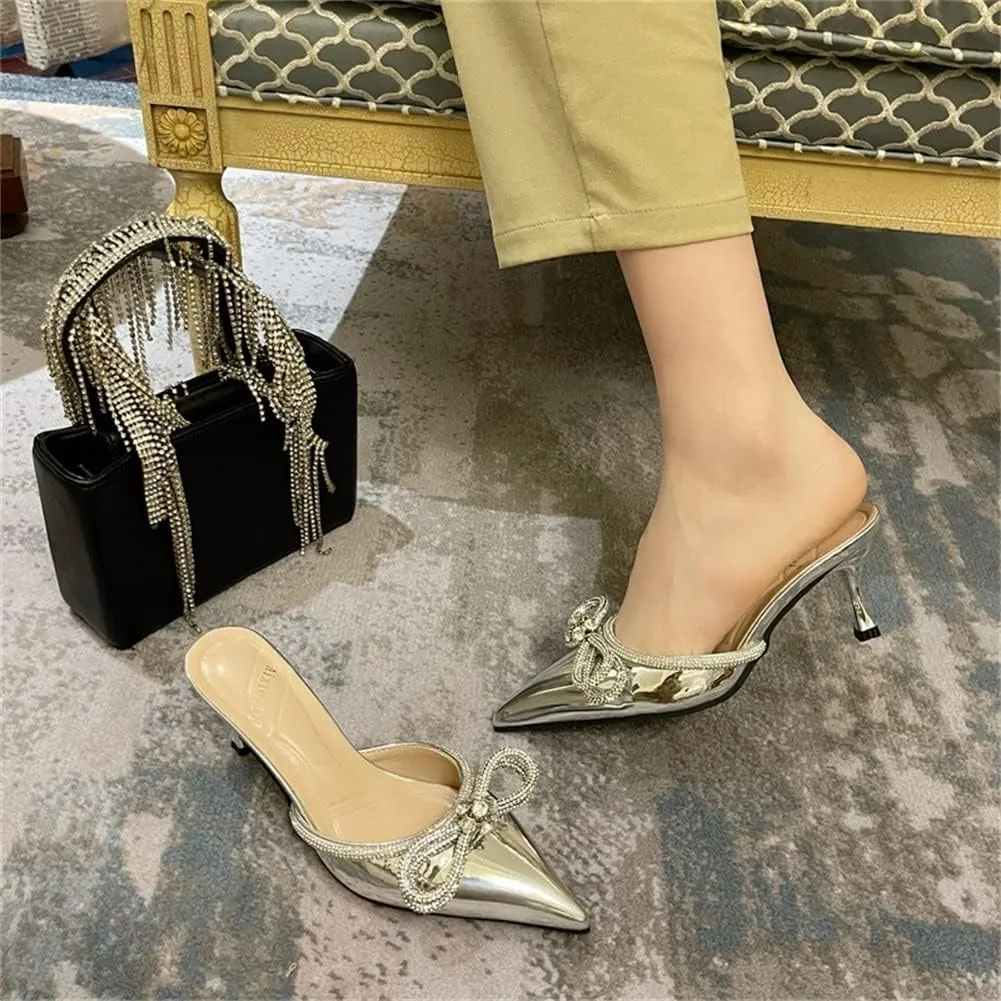 Sparkle Double Bow Heeled Mules Crystal-Embellished Slip On Iridescent Upper Kitten Sandals