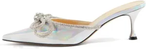 Sparkle Double Bow Heeled Mules Crystal-Embellished Slip On Iridescent Upper Kitten Sandals