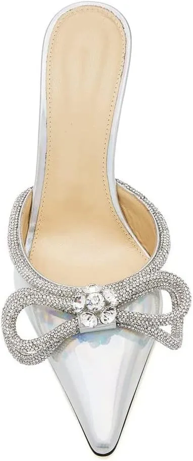 Sparkle Double Bow Heeled Mules Crystal-Embellished Slip On Iridescent Upper Kitten Sandals