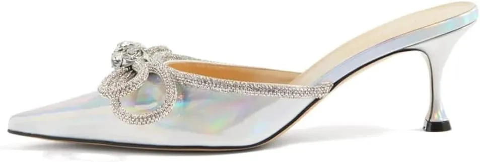 Sparkle Double Bow Heeled Mules Crystal-Embellished Slip On Iridescent Upper Kitten Sandals