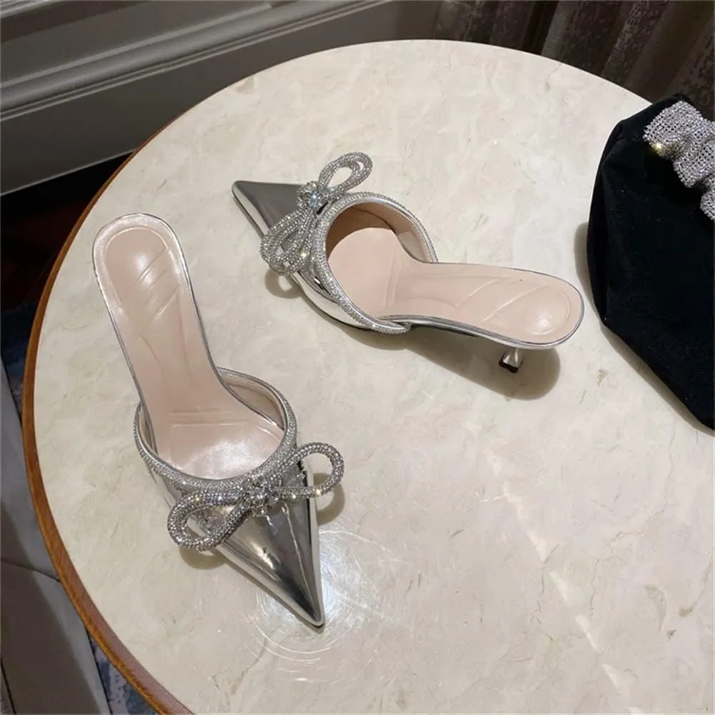 Sparkle Double Bow Heeled Mules Crystal-Embellished Slip On Iridescent Upper Kitten Sandals