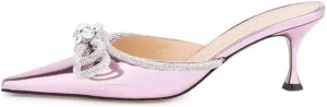 Sparkle Double Bow Heeled Mules Crystal-Embellished Slip On Iridescent Upper Kitten Sandals