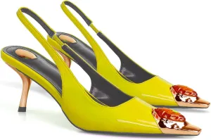 THESHY Womens Slingback High Heels Metal Pointed Toe Stiletto Heels Gems Embellished Stretch Slingback Pumps Patent Leather Fashion Party Dress Shoes for Women