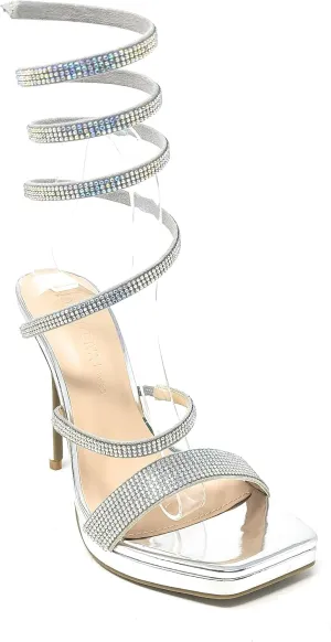 Wild Diva Women's Square Toe Spiral Ankle Strap Rhinestone Embellished Formal Stiletto High Heels Lunna-03