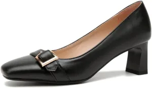 Women's Classic Square Toe Buckle Slip On Loafers Pumps High Heels Formal Work Office Dress Shoes