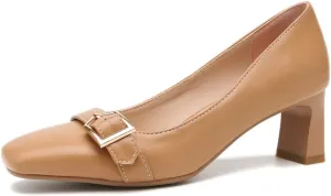 Women's Classic Square Toe Buckle Slip On Loafers Pumps High Heels Formal Work Office Dress Shoes