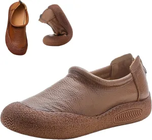 Women's Leather Arch Support Casual Shoes,Vintage Comfort Round Toe Non-Slip Soft Sole Back Zipper Orthopedic Loafers